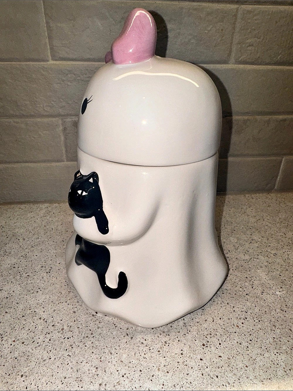Booville! Halloween Ghost Ceramic Food Storage Container Holding a Black Cat - Picture 2 of 8